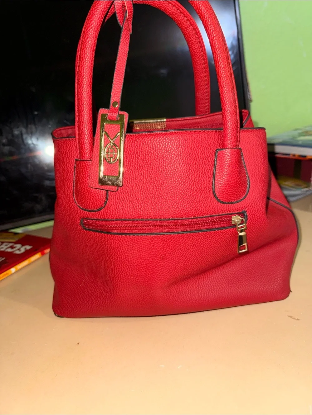Red Pebbled Satchel with Gold Hardware